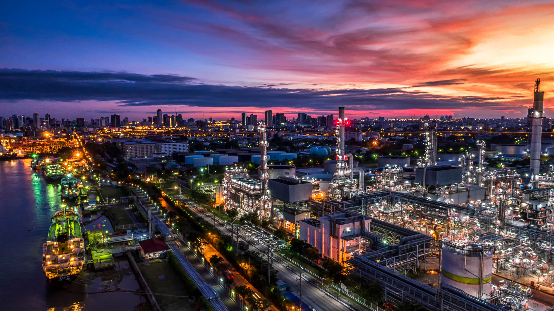 Refinery infrastructure at sunset