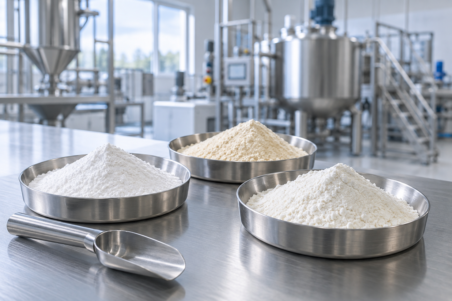 Illustrative ingredient powder samples beside stainless steel food-processing equipment